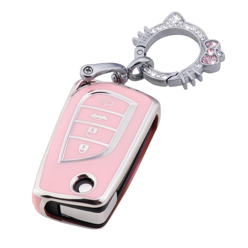 Pangpai Pink Key Fob Cover for Toyota, Soft TPU Key Case Protection with Bling Keychain Fit for Toyota Fortuner Tundra Camry RAV4 Highlander Corolla Smart Key Holder - Image 1